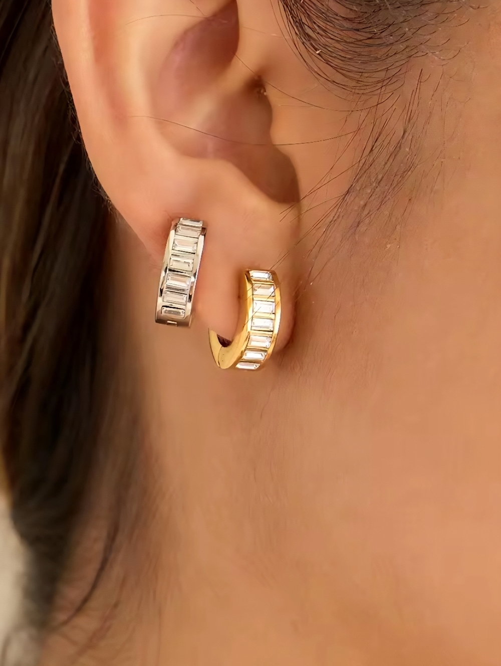 NEW Gold Stacked Emerald Cut Zirconia Diamond Huggie Hoops